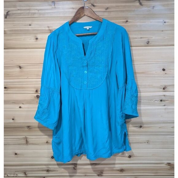 John Mark Tops - John Mark Top Womens Large Teal Embroidered Boho‎ Blouse